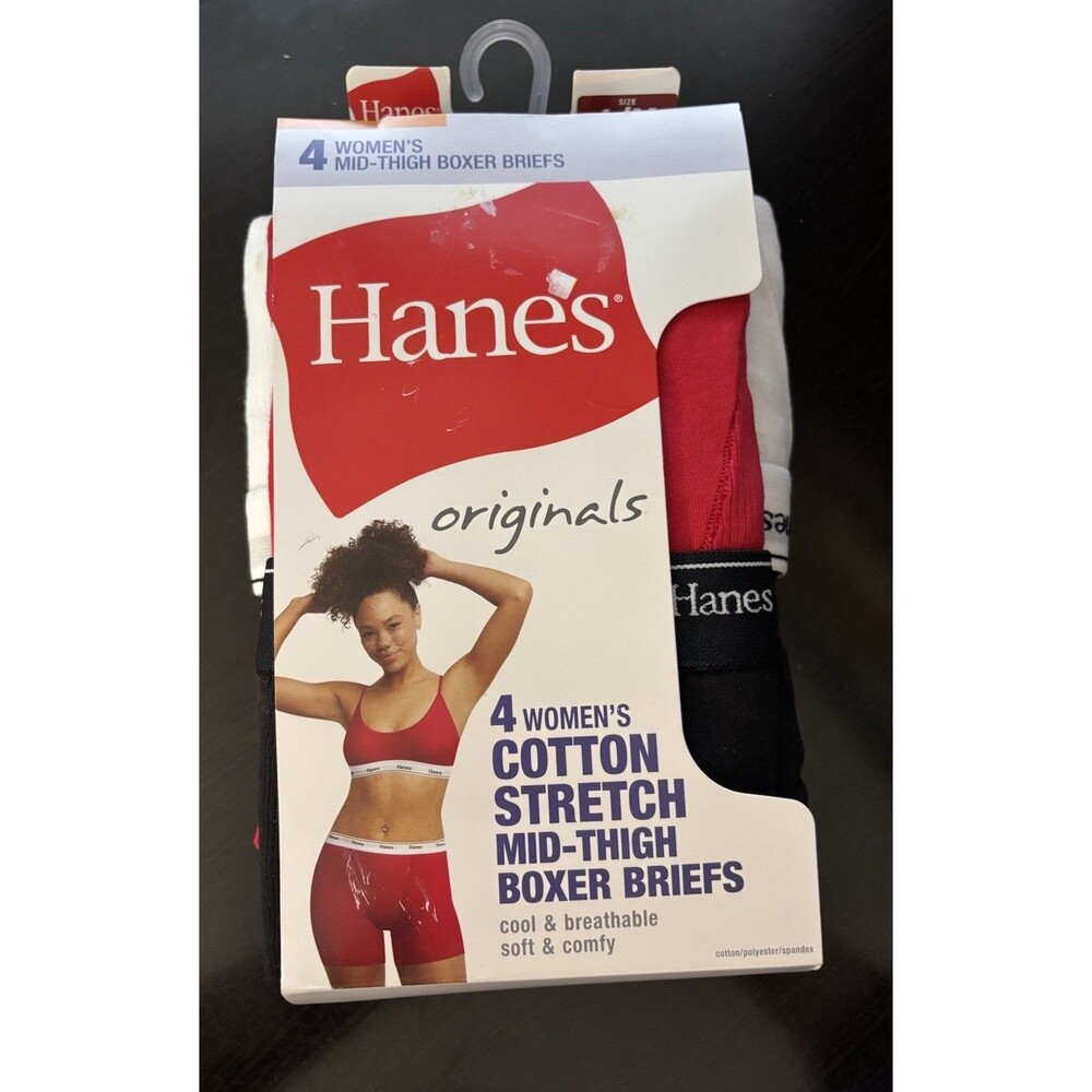 New Hanes Women's Originals Mid-Thigh Boxer Brief Pack Cotton 4-Pack Sz 6 Medium